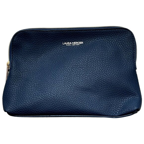 Laura Mercier Cosmetics Bag Makeup Travel Case Leatherette Navy Blue Gold Zipper - Picture 1 of 2